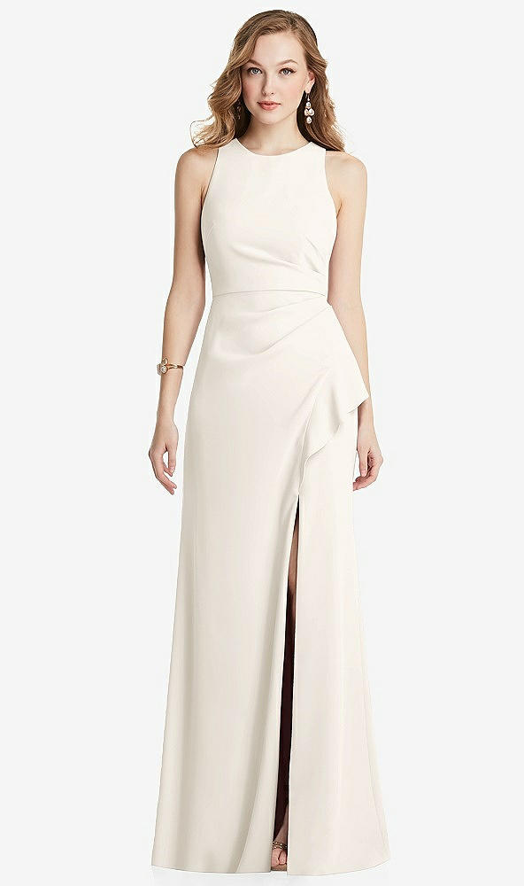 Front View - Ivory Halter Maxi Dress with Cascade Ruffle Slit