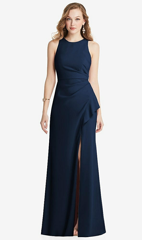 Front View - Midnight Navy Halter Maxi Dress with Cascade Ruffle Slit