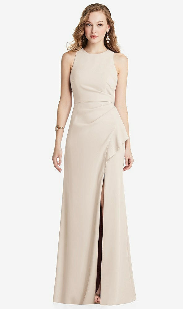 Front View - Oat Halter Maxi Dress with Cascade Ruffle Slit