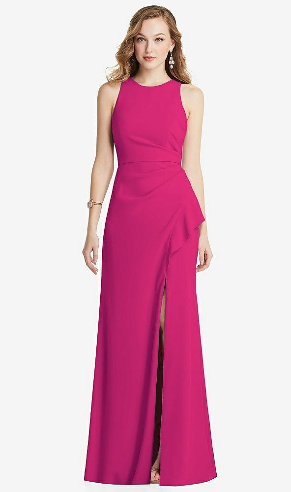 Front View - Think Pink Halter Maxi Dress with Cascade Ruffle Slit