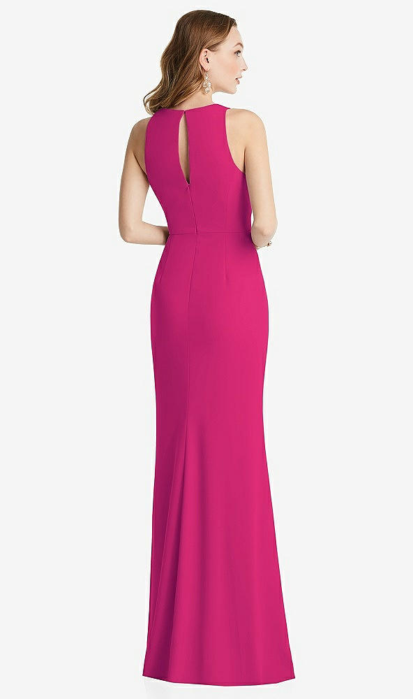 Back View - Think Pink Halter Maxi Dress with Cascade Ruffle Slit