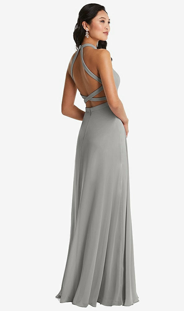 Front View - Chelsea Gray Stand Collar Halter Maxi Dress with Criss Cross Open-Back