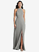 Rear View Thumbnail - Chelsea Gray Stand Collar Halter Maxi Dress with Criss Cross Open-Back
