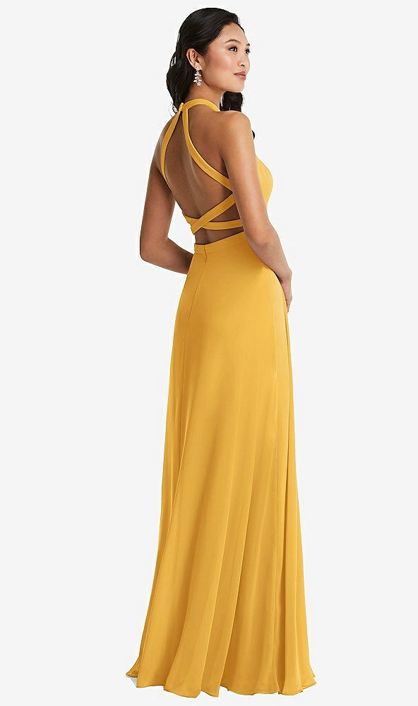 Front View - NYC Yellow Stand Collar Halter Maxi Dress with Criss Cross Open-Back