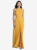 Rear View Thumbnail - NYC Yellow Stand Collar Halter Maxi Dress with Criss Cross Open-Back