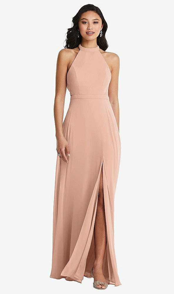 Back View - Pale Peach Stand Collar Halter Maxi Dress with Criss Cross Open-Back
