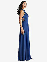 Side View Thumbnail - Classic Blue Stand Collar Halter Maxi Dress with Criss Cross Open-Back