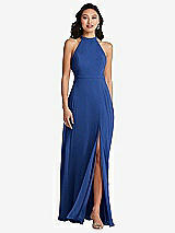 Rear View Thumbnail - Classic Blue Stand Collar Halter Maxi Dress with Criss Cross Open-Back