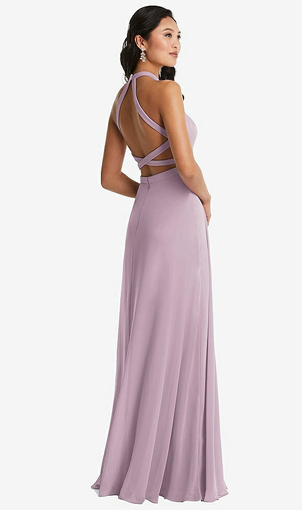Front View - Suede Rose Stand Collar Halter Maxi Dress with Criss Cross Open-Back
