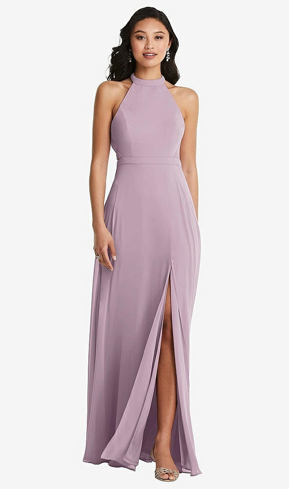 Back View - Suede Rose Stand Collar Halter Maxi Dress with Criss Cross Open-Back