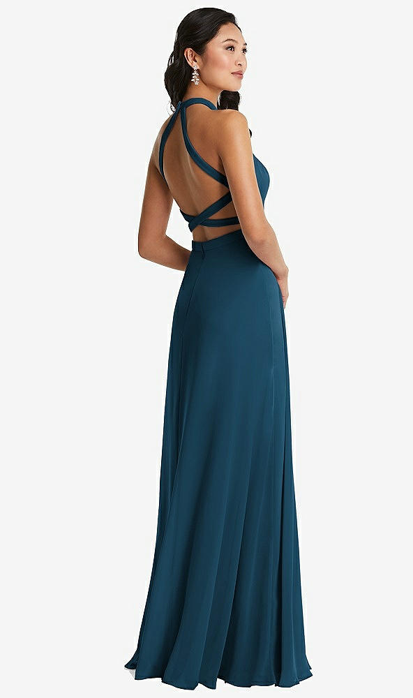 Front View - Atlantic Blue Stand Collar Halter Maxi Dress with Criss Cross Open-Back