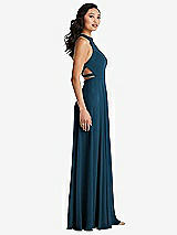 Side View Thumbnail - Atlantic Blue Stand Collar Halter Maxi Dress with Criss Cross Open-Back