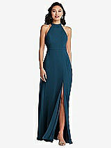 Rear View Thumbnail - Atlantic Blue Stand Collar Halter Maxi Dress with Criss Cross Open-Back