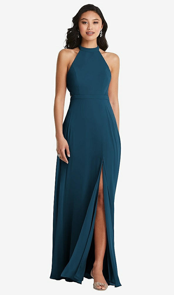 Back View - Atlantic Blue Stand Collar Halter Maxi Dress with Criss Cross Open-Back