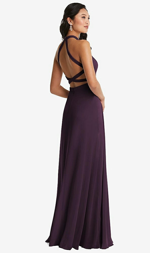 Front View - Aubergine Stand Collar Halter Maxi Dress with Criss Cross Open-Back