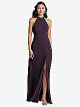 Rear View Thumbnail - Aubergine Stand Collar Halter Maxi Dress with Criss Cross Open-Back