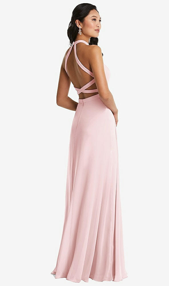Front View - Ballet Pink Stand Collar Halter Maxi Dress with Criss Cross Open-Back