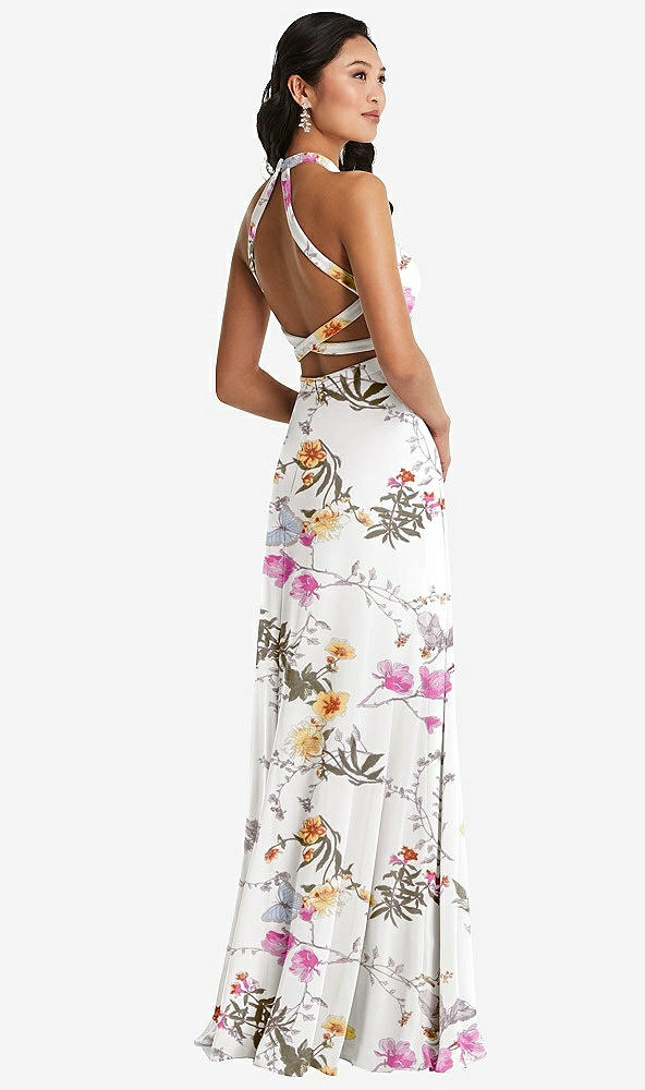 Front View - Butterfly Botanica Ivory Stand Collar Halter Maxi Dress with Criss Cross Open-Back