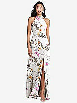 Rear View Thumbnail - Butterfly Botanica Ivory Stand Collar Halter Maxi Dress with Criss Cross Open-Back