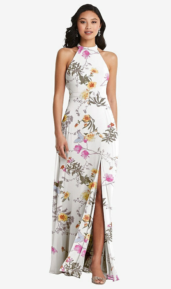 Back View - Butterfly Botanica Ivory Stand Collar Halter Maxi Dress with Criss Cross Open-Back