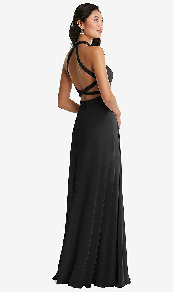 Front View - Black Stand Collar Halter Maxi Dress with Criss Cross Open-Back