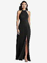 Rear View Thumbnail - Black Stand Collar Halter Maxi Dress with Criss Cross Open-Back