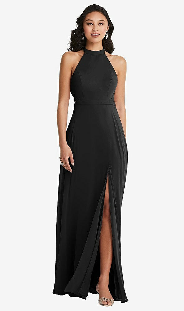 Back View - Black Stand Collar Halter Maxi Dress with Criss Cross Open-Back