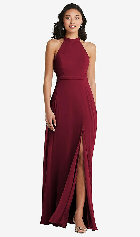 Back View - Burgundy Stand Collar Halter Maxi Dress with Criss Cross Open-Back
