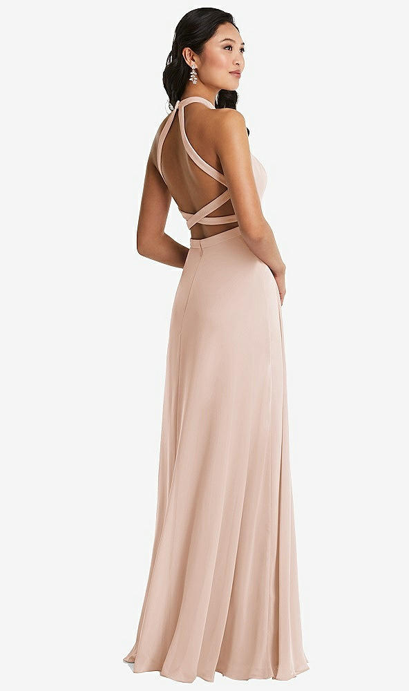 Front View - Cameo Stand Collar Halter Maxi Dress with Criss Cross Open-Back
