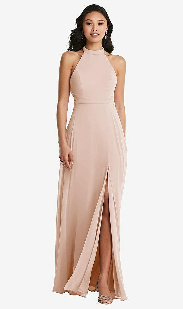 Back View - Cameo Stand Collar Halter Maxi Dress with Criss Cross Open-Back