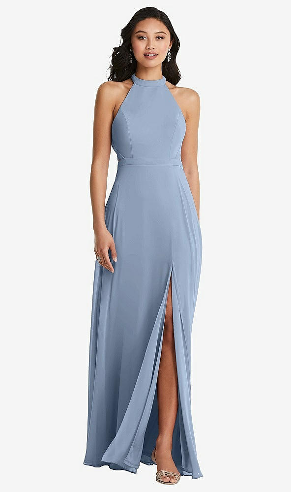 Back View - Cloudy Stand Collar Halter Maxi Dress with Criss Cross Open-Back
