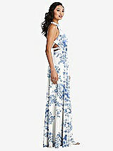 Side View Thumbnail - Cottage Rose Dusk Blue Stand Collar Halter Maxi Dress with Criss Cross Open-Back