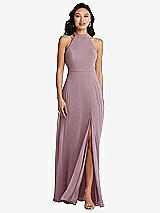 Rear View Thumbnail - Dusty Rose Stand Collar Halter Maxi Dress with Criss Cross Open-Back