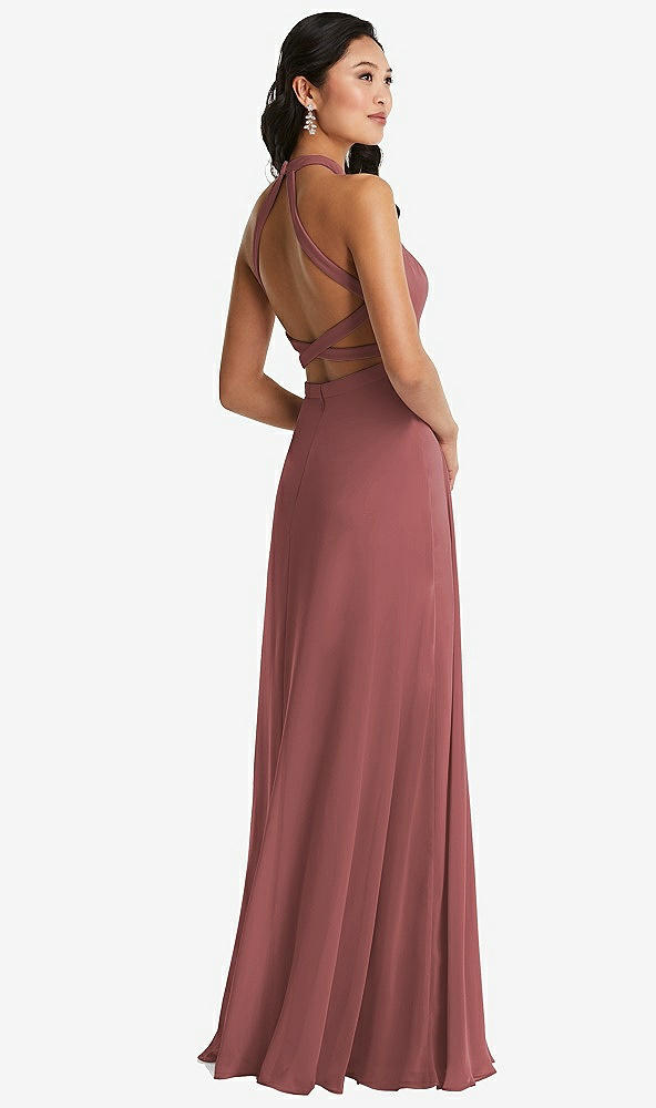 Front View - English Rose Stand Collar Halter Maxi Dress with Criss Cross Open-Back
