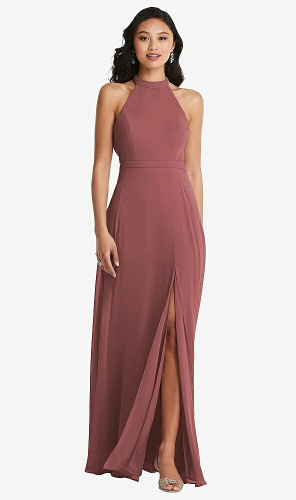 Back View - English Rose Stand Collar Halter Maxi Dress with Criss Cross Open-Back