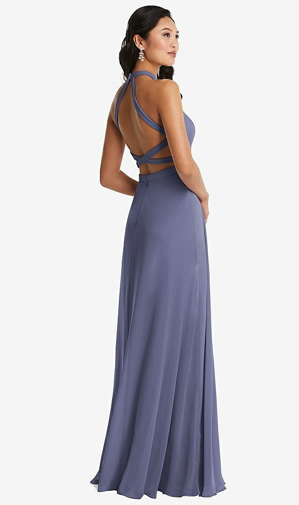 Front View - French Blue Stand Collar Halter Maxi Dress with Criss Cross Open-Back