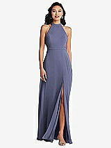Rear View Thumbnail - French Blue Stand Collar Halter Maxi Dress with Criss Cross Open-Back