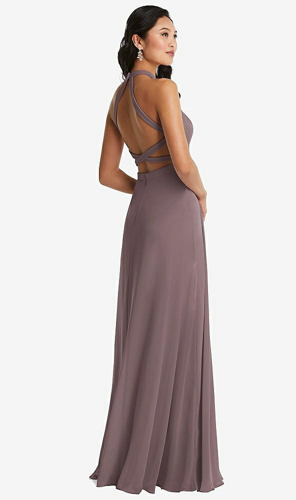 Front View - French Truffle Stand Collar Halter Maxi Dress with Criss Cross Open-Back