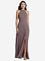 Rear View Thumbnail - French Truffle Stand Collar Halter Maxi Dress with Criss Cross Open-Back
