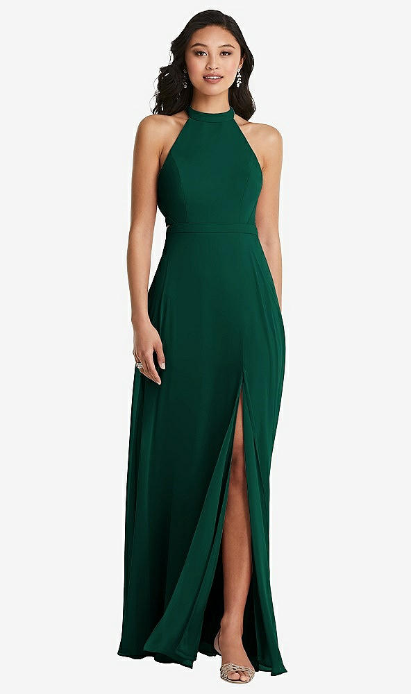 Back View - Hunter Green Stand Collar Halter Maxi Dress with Criss Cross Open-Back