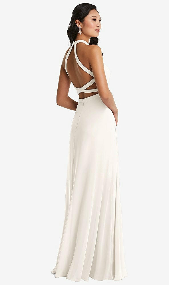 Front View - Ivory Stand Collar Halter Maxi Dress with Criss Cross Open-Back