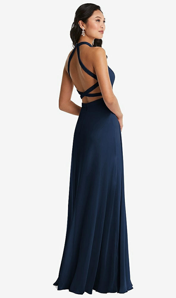 Front View - Midnight Navy Stand Collar Halter Maxi Dress with Criss Cross Open-Back