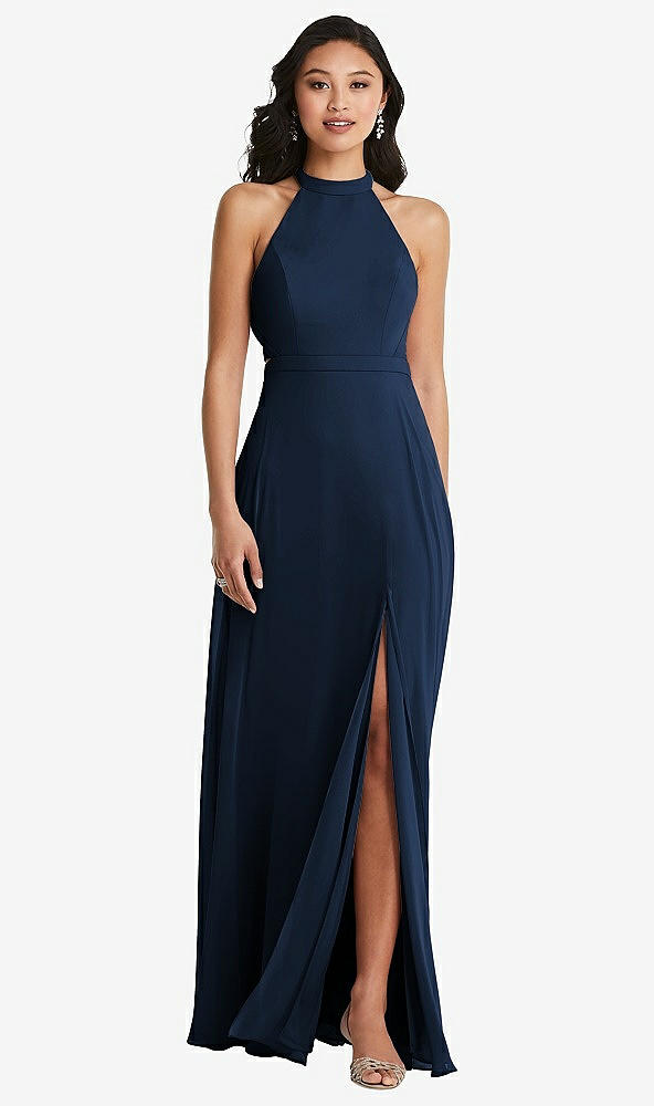 Back View - Midnight Navy Stand Collar Halter Maxi Dress with Criss Cross Open-Back