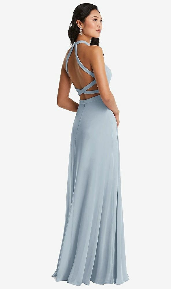 Front View - Mist Stand Collar Halter Maxi Dress with Criss Cross Open-Back