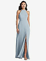 Rear View Thumbnail - Mist Stand Collar Halter Maxi Dress with Criss Cross Open-Back