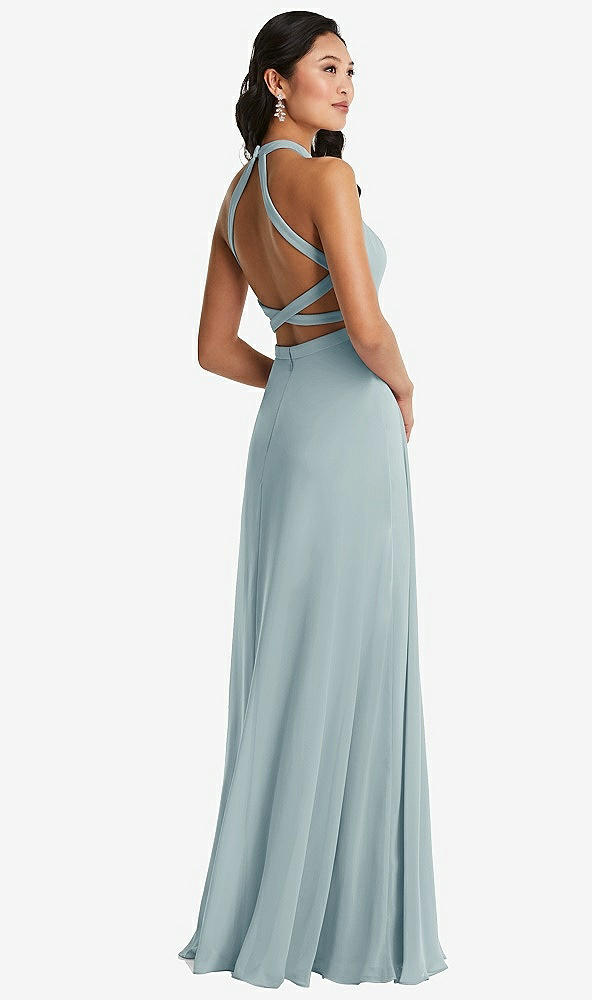 Front View - Morning Sky Stand Collar Halter Maxi Dress with Criss Cross Open-Back