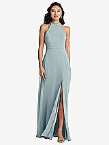 Rear View Thumbnail - Morning Sky Stand Collar Halter Maxi Dress with Criss Cross Open-Back