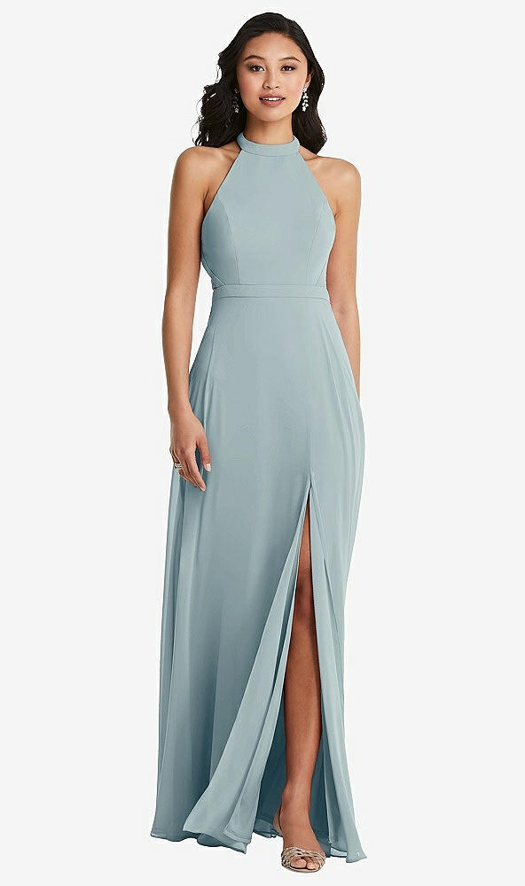 Back View - Morning Sky Stand Collar Halter Maxi Dress with Criss Cross Open-Back