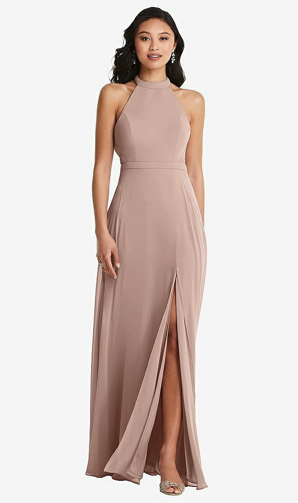 Back View - Neu Nude Stand Collar Halter Maxi Dress with Criss Cross Open-Back