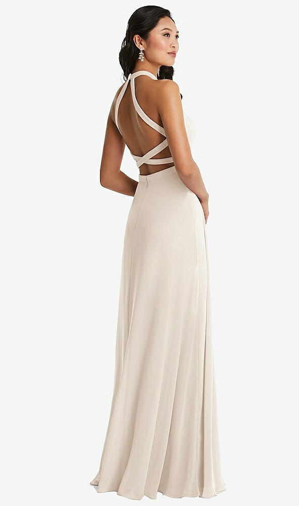 Front View - Oat Stand Collar Halter Maxi Dress with Criss Cross Open-Back